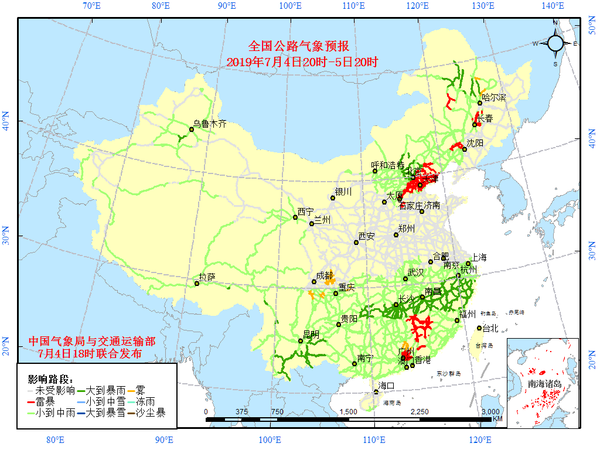 2019年7月4日到2019年7曰 全国主要公路气象预报