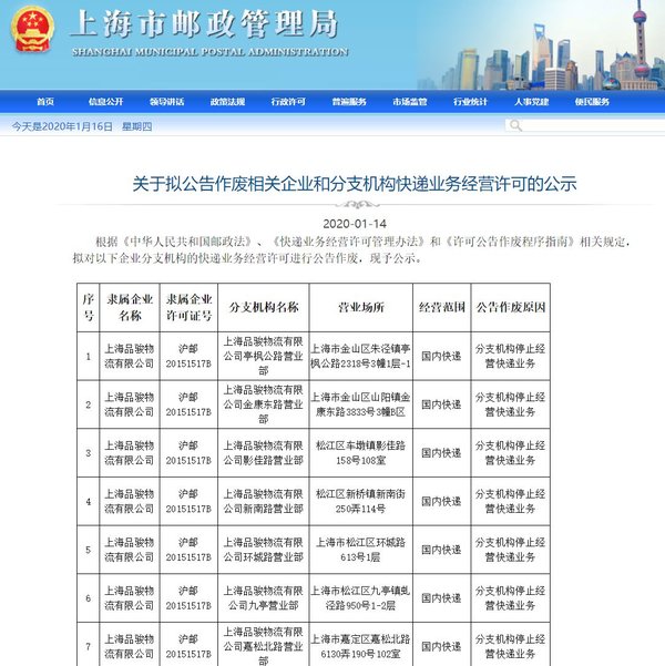 因停止快递品骏快递上海网点许似注销 卡车之家