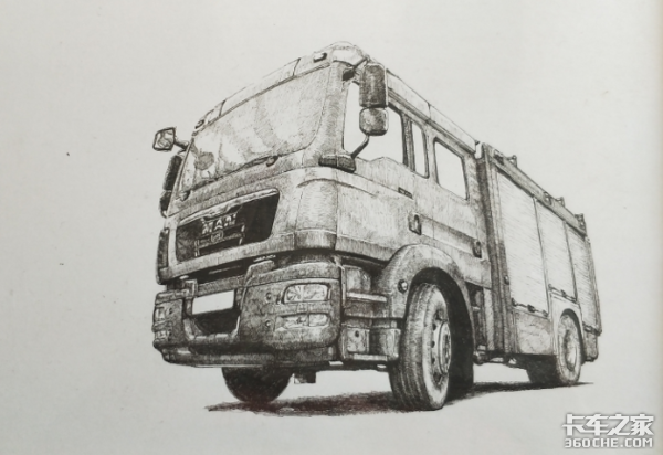 钢笔针管笔手绘(曼恩man底盘的消防车)