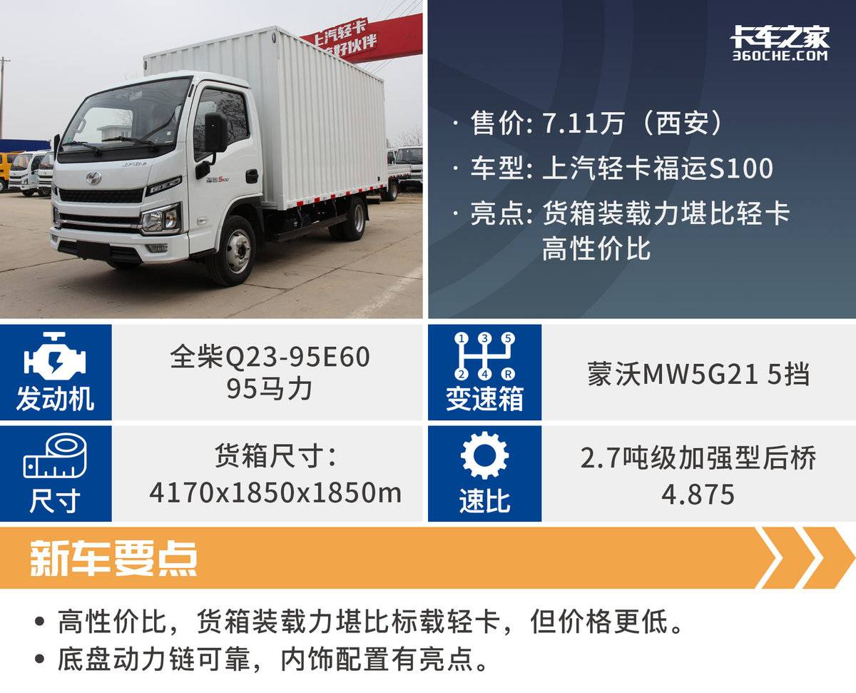 货箱长度4.17米合规装1.8吨 堪比标载轻卡 上汽轻卡S100报价7.11万