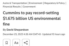 据路透社消息：康明斯因发动机排放造假在美国被罚16.75亿美元