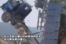拉土车卸土重心后移直接翘车头 连人带车翻沟里了
