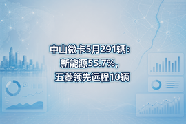 中山微卡5月291辆:新能源55.7%,五菱领先远程10辆