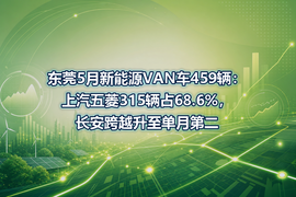 东莞5月新能源VAN车459辆:上汽五菱315辆占68.6%,长安跨越升至单月第二