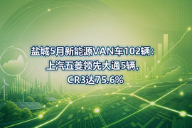 盐城5月新能源VAN车102辆:上汽五菱领先大通5辆,CR3达75.6%